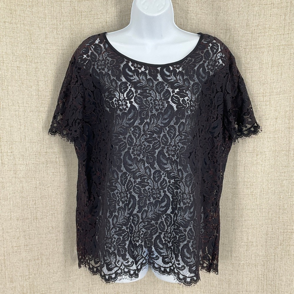 Talbots Lace Blouse Womens 16 Black Cotton Blend Floral Eyelash Trim Classic Top